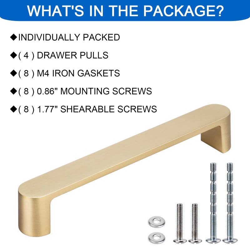 WEAVERBIRD 4 Pack Brushed Brass Finish Cabinet Handles Drawer Pulls Furniture Cabinet Hardware Cupboard Closet Zinc Alloy Gold Handles Pulls, 5 inch (128mm) Hole Distance - Image 4